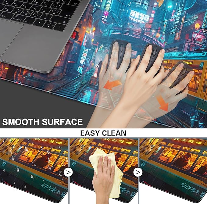 Japanese Anime Retro City Night Scene Mouse Pad, Non Slip Base and Stitched Edge Design, Suitable for Office and Home Desktops, Size 35.4 x 15.7 Inches