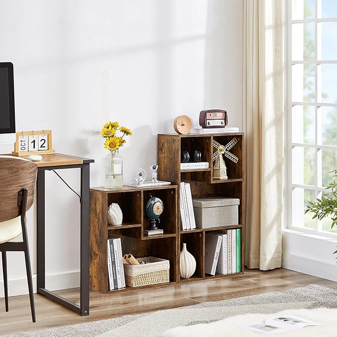 VECELO Wide Bookshelf Set, Fits 9.3" × 10-12.8" Hardcovers, Cube Storage Bookcases, Free-Standing for Living Room, Bedroom, Home Office, 2/3-Tier, 2-Pack, Brown