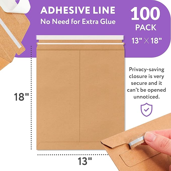 APQ Supply Natural Brown Rigid Mailers, 13 x 18 Inch. Pack of 100 Cardboard Envelopes for Photos, Documents. Sturdy Stay Flat Mailers with Self-Seal Closure. Hard Rigid Shipping Envelopes