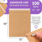 APQ Supply Natural Brown Rigid Mailers, 13 x 18 Inch. Pack of 100 Cardboard Envelopes for Photos, Documents. Sturdy Stay Flat Mailers with Self-Seal Closure. Hard Rigid Shipping Envelopes