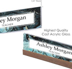 ARTBLOX | Office Personalized Name Plate Green Marble Design On Clear Acrylic Glass for Desk with Business Card Holder