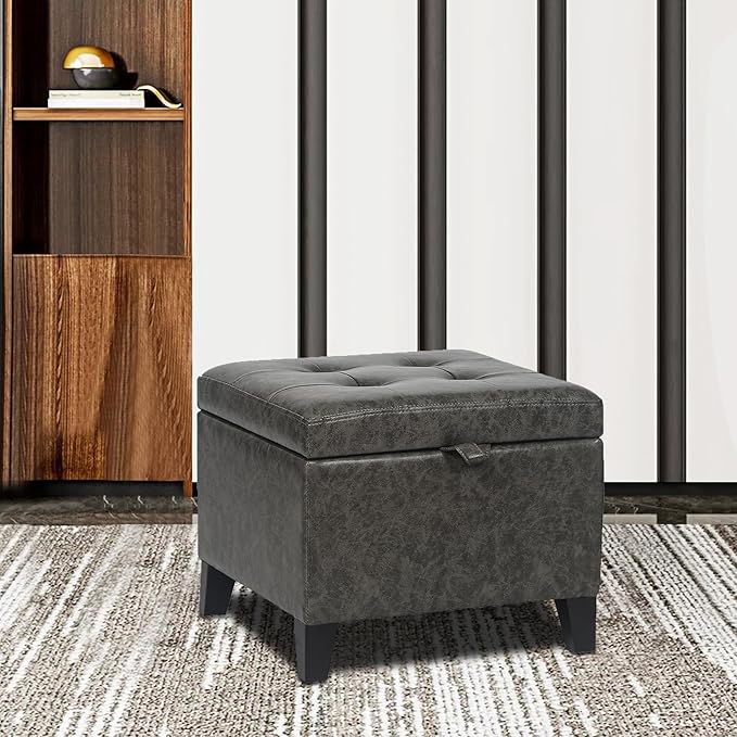 Asense 17 Inch Storage Ottoman Foot Rest,Square Faux Leather Foot Stool,Small Ottoman with Storage,Padded Seat for Entryway,Living Room,Bedroom,Couch,Under Desk,Dark Grey