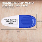 50 Magnetic Memo Holders Set - Customizable Text, Logo - Large Clip, Plastic - White Blue