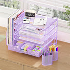 OPNICE Desk Organizer, 5-Tier Paper File Organizer with Drawer & Pen Holder, Office Desk Accessories, Workspace Desktop Organizer for Office Supplies(Purple)