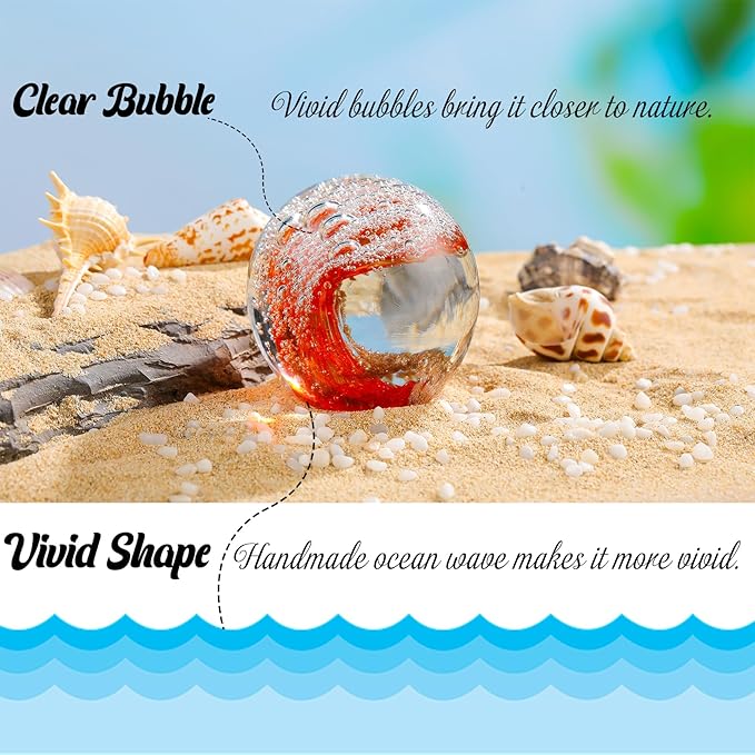 Hand Blown Glass Figurines Ball Ocean Waves Paperweight Glass Ball for Ocean Lovers Red with Gold Light and White Bubble Ball Decoration for Home Office and Aquarium