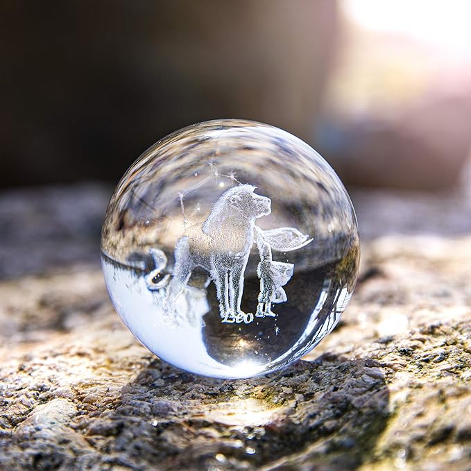 Crystal 3D Constellation Ball Crystal Paperweight Full Sphere Glass Fengshui with Sliver-Plated Flowering Stand(Leo)