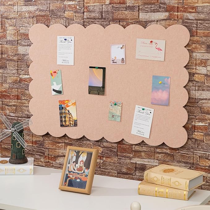 Mooliwe Scalloped Felt Bulletin Board 36 x 24 Inches Foldable Flesh Pink Pin Cork Board Alternative for Wall, 3' x 2' Trifold Picture Vision Self Adhesive Bulletin Decorative