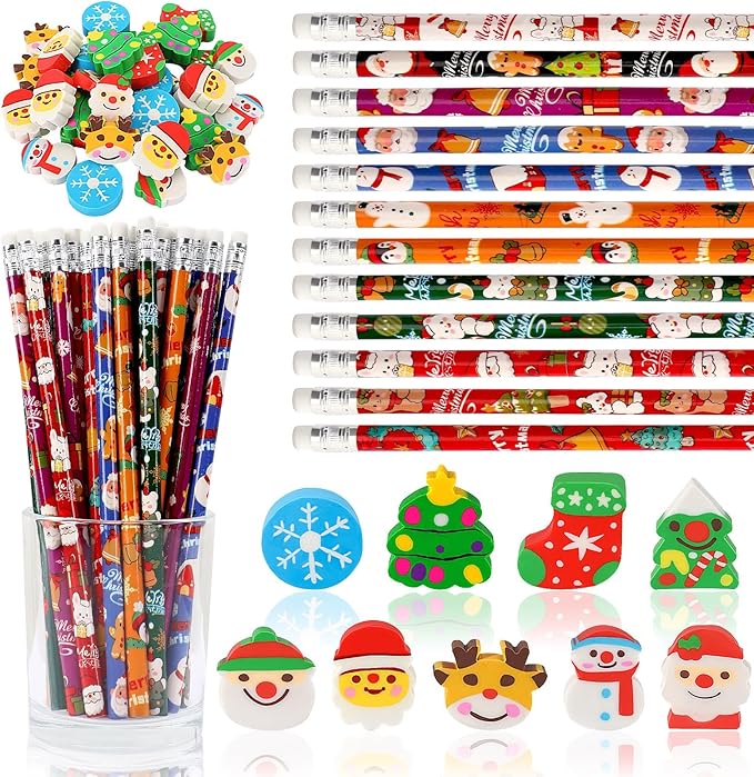 JULMELON 72PCS Christmas Party Favors Set, 36PCS Christmas Pencils with 36PCS Snowman Snowflake Santa Erasers, Pencils for School Classroom Winter Holiday Party Reward Supplies