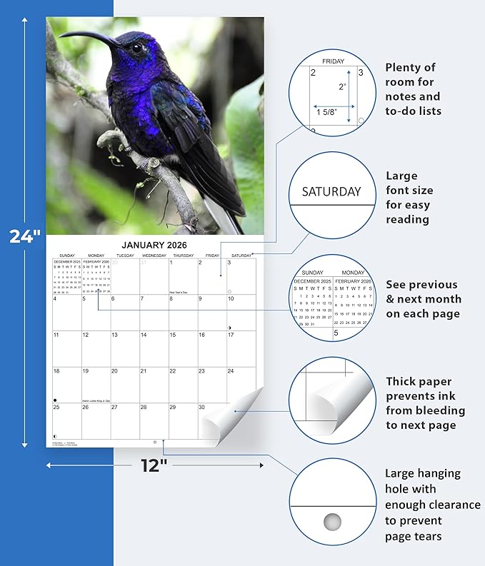 2026 Hummingbirds Monthly Wall Calendar | Animals Calendar 2025-2026