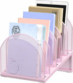 OUTIOE 5-Section Desk File Organizer, Metal Mesh Folder Organizer for Documents, Mail & Office Papers (Pink)