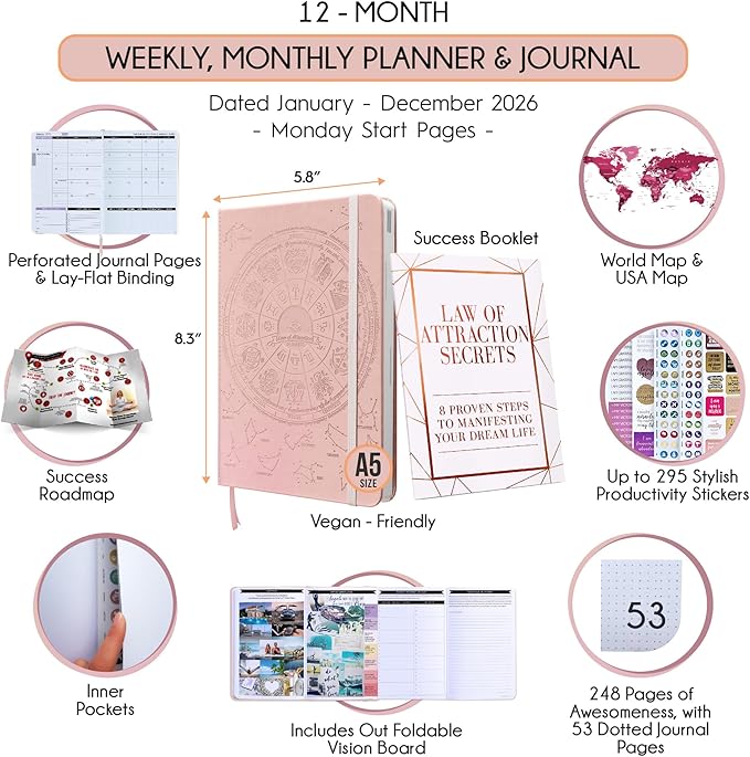 Law of Attraction Planner 2026 Deluxe with Productivity App | Weekly & Monthly Goal-Setting Planner, Life & Gratitude Journal | Include Foldable Vision Board, Gift Box & Stickers