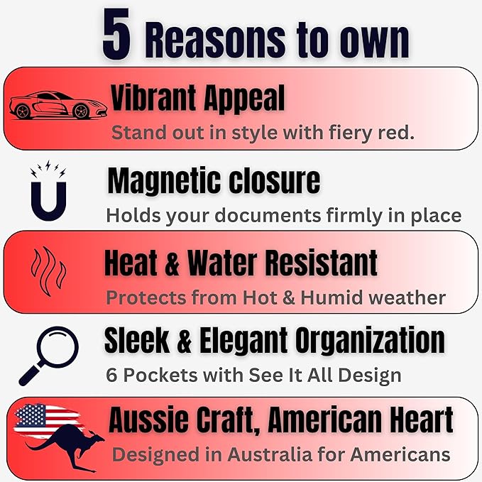 Red Magnetic Shut Premium PU Leather Insurance and Registration Holder, Glove Box Organizer for Car, Stylish Car Accessories, Organize Vehicle Documents with flair, Size 9.5 in x 5.1 in