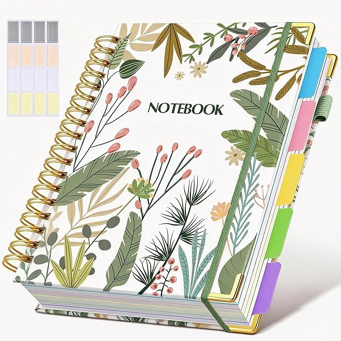 Hardcover Spiral Notebook journal with Removable Dividers Tabs, 300 Pages 5 Subject Notebook College Ruled, 100GMS Notebooks for Work School Note taking,Lined Journal for Women,Colorful Botanicals