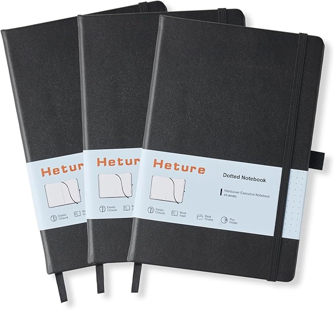 Heture Hardcover Notebooks, A5 Dotted Journal Notebook for Writing 160 Pages, 8.2 x 5.5 inch, Classic Dotted Notebooks for College/Work/Travel(Black 3 Pack)