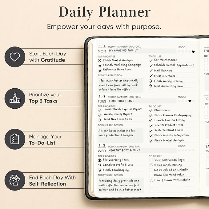 Mantra Planner 2026 Planner, Daily Journal & Gratitude Journal All-In-One with To Do List, Self Care Prompts & Habit Tracker - 5.8 x 8.3 - Black