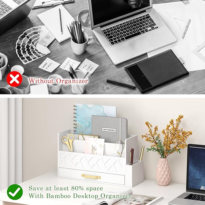 Wisuce Home Wooden Desk Organizer,Desktop Organizer File Sorter for Office Supplies, Mail Organizer with Drawer,Desk Accessories & Workspace Organizers for Women （White）