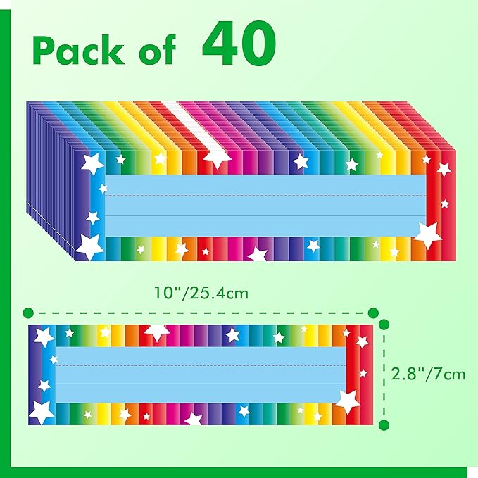 40PCS Desk Nameplates, Desk Name Tags with Double Sided PET Film Colorful Student Name Labels Erasable & Reusable Traditional Manuscript Name Plates for School Classroom Organization (10” x 2.8”)