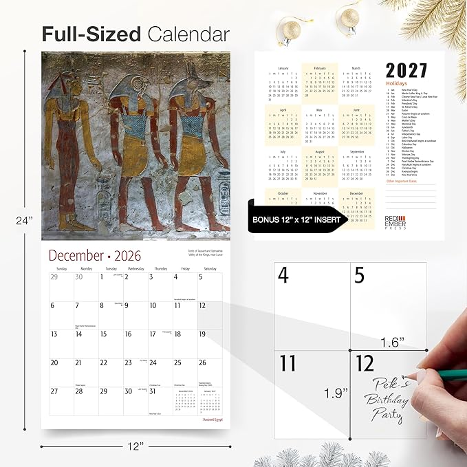 RED EMBER Ancient Egypt 2026 Wall Calendar 12 Month | 12" x 24" Open | Thick & Sturdy Paper | Holiday Gift | Travel Calendar 2026