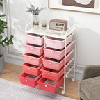 HAPPYGRILL 10-Drawer Rolling Storage Cart, Storage Organizer Cart with Lockable Wheels, Beauty Salon Movable Utility Cart for School, Office, Home, (Pink)