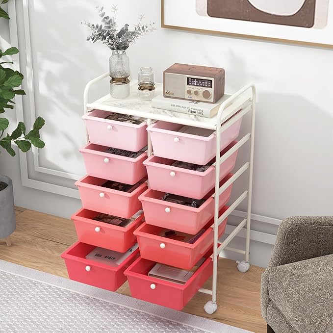 HAPPYGRILL 10-Drawer Rolling Storage Cart, Storage Organizer Cart with Lockable Wheels, Beauty Salon Movable Utility Cart for School, Office, Home, (Pink)