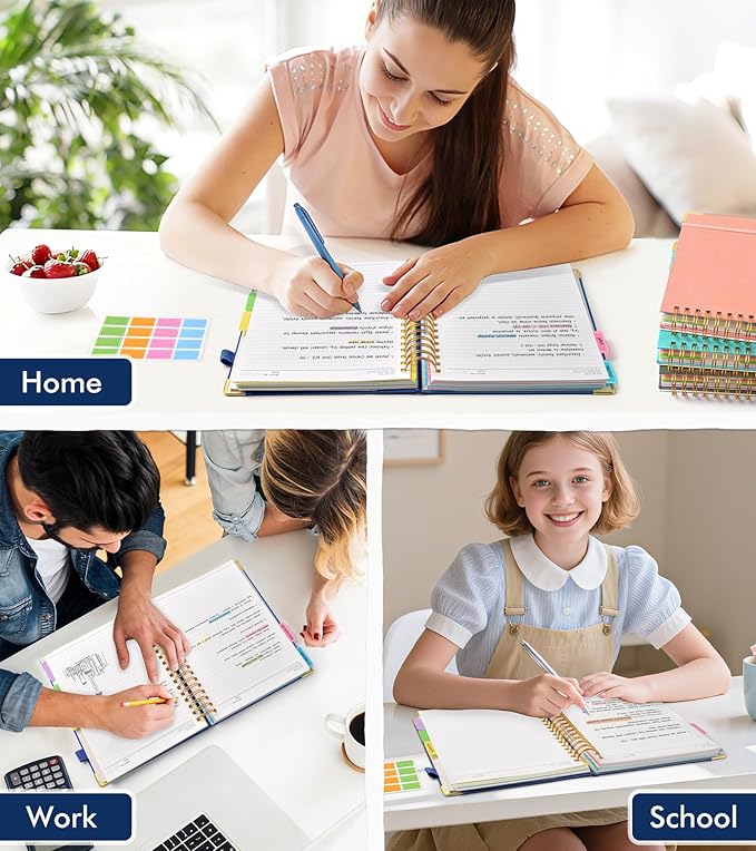 Spiral Notebook Journal with Removable Dividers Tabs, 300 Pages Hardcover Leather 5 Subject College Ruled Notebook, 8"x10" Large B5 Lined Journal for Women Men, Spiral Notebooks for Work School, Navy