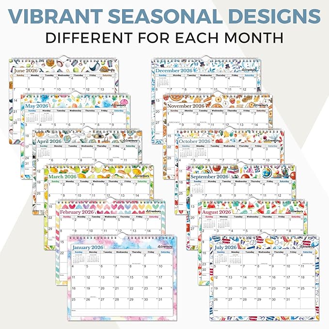 Cranbury 2026 Wall Calendar 12 Month, 8.5x11 Small Calendar for Wall or Desk, Thick Paper, Bonus Stickers and Note Sections, Monthly Seasonal Design, 2026 Planner 8x11