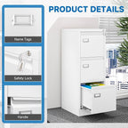 BYNSOE 3 Drawer File Cabinet with Lock Metal Vertical File Storage Cabinet Office Home Steel Vertical File Cabinet for A4 Legal/Letter Size Narrow File Cabinet Locked,Assembly Required