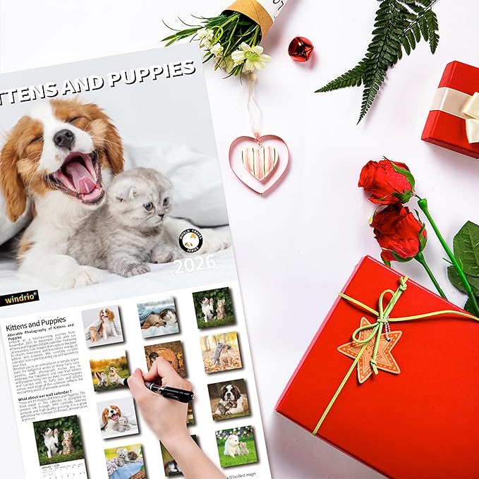 2026 Wall Calendar,Calendar 2026, November 2025 - December 2026, Wall Calendar Kittens and Puppies, 12" x 24" Opened,Full Page Months Thick & Sturdy Paper for Calendar Organizing & Planning