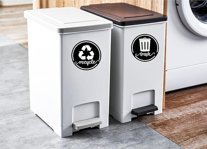 Strong Trash and Recycle Magnets, 3.5" Recycle Magnet for Trash Can, Magnetic Recycling Stickers for Kitchen Garbage Can and Recycling Bins with 4 Adhesive Stickers, Made in USA, Black 2 Pcs