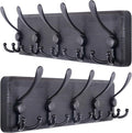 SKOLOO Coat Rack Wall Mounted - Pack of 2, Wooden, Heavy Duty, Rustic Coat Hooks for Wall, 16'' Hole to Hole, Wall Coat Rack with 5 Triple Hooks for Hanging Clothes, Jacket, Hat(Black)