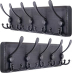 SKOLOO Coat Rack Wall Mounted - Pack of 2, Wooden, Heavy Duty, Rustic Coat Hooks for Wall, 16'' Hole to Hole, Wall Coat Rack with 5 Triple Hooks for Hanging Clothes, Jacket, Hat(Black)