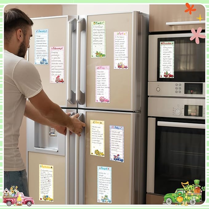 Eaasty 12 Pcs Seasonal Holiday Magnetic Notepads for Refrigerator Text Monthly Magnetic Grocery List 9 x 3.5" Magnet Memo Pads 30 Sheets Per Pad Shopping to Do List for January to December