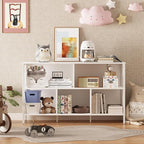 Horizontal Bookshelf,Industrial Modern 5 Cube Low Wide Cubby Bookcase,Long Wood and Metal Storage Organizer Open Shelf, Short Book Shelf Bedroom Storage for Home Office Living Room(White,5 Cube)