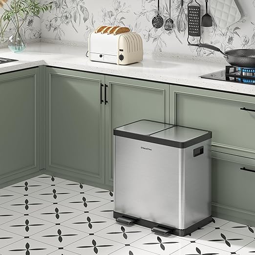 SolaceCove Kitchen Trash Can, 2 x 5.3 Gallon Garbage Can for Kitchen, Dual Compartment Recycling Trash Can, Trash and Recycle Bin Combo, Stainless Steel, Soft-Close Lid, Fingerprint Proof