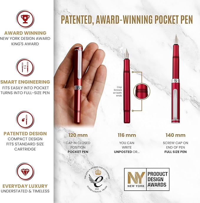 Scriveiner Luxury EDC Fountain Pen (Medium), Matt Red Pocket EDC with Chrome Finish, Schmidt German Nib, Converter, Best Writing Gift Set for Men & Women, Fancy Pen for the Office & Journaling