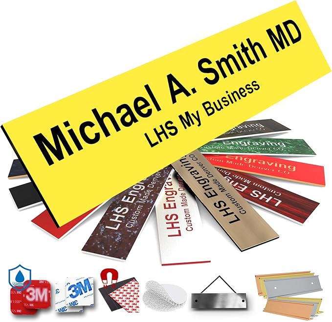 Door Name Plate Personalized for Office Yellow Plastic Name Plate Black Letters - Made in USA 2x6 B4