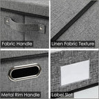 PRANDOM Storage Bins with Lids [3-Pack] Linen Fabric Foldable Storage Boxes Organizer Containers Baskets Cube with Cover for Bedroom Closet Office Grey(23.4X15.9X11.4)