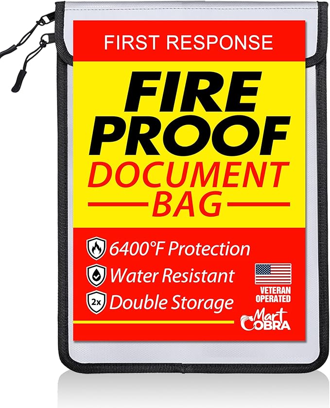 Mart Cobra Fireproof Document Bag with Zipper Fire and Waterproof Document Storage Fireproof Money Bag Cash Fire Proof for Important Home Documents Safe Accessories Paper Holder Pouch Envelope Travel