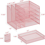 Marbrasse Desk Organizer with File Holder, 5-Tier Paper Letter Tray Organizer with Drawer and 2 Pen Holder, Mesh Desktop Organizer and Storage with Magazine Holder for Office Supplies(Pink)