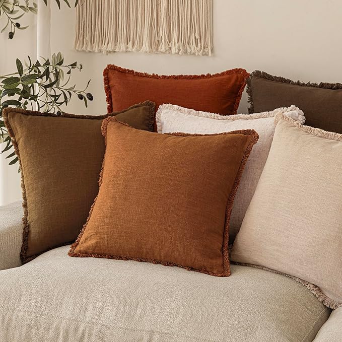 Foindtower Set of 2 Decorative Linen Fringe Lumbar Throw Pillow Covers Boho Farmhouse Cushion Cover with Tassels Soft Accent Pillowcase for Couch Sofa Bed Living Room Home Decor,12×20 Inch,Orange