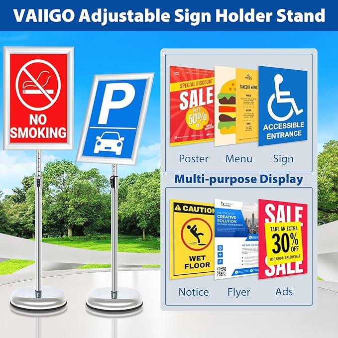 VAIIGO 6Packs Floor Standing Sign Holder Stands for Display 11x17Inch Pedestal Poster Sign Stand, Adjustable Sign Holder Stand for Vertical & Horizontal View Sign Display Stand, Silver