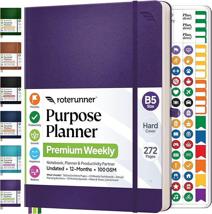 Roterunner Purpose Planner Notebook B5 7.5”x9.8” 12 Month Undated 2026 Daily Weekly and Monthly Productivity Goal Setting Tool for Work Home ADHD Planner for Adults Self Care Journal