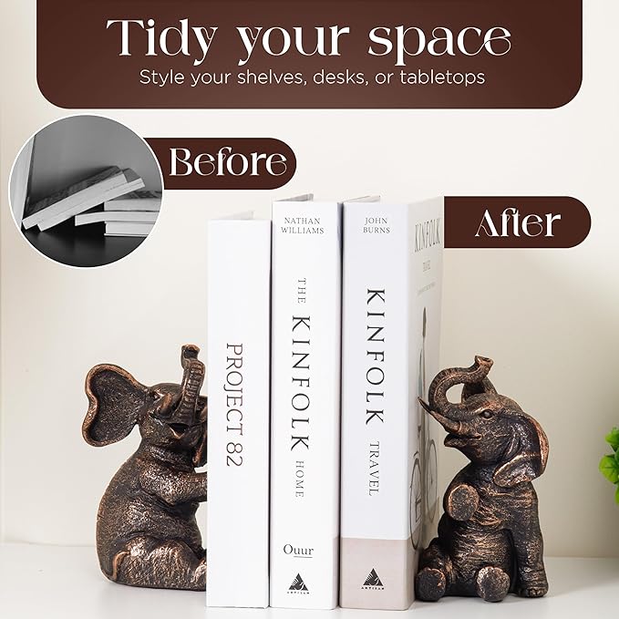 DURAGOODS Decorative Vintage Elephant Bookends with Non-Slip Padding for Shelves to Hold Books - Heavy Duty Resin Book Holders for Bookshelf Decor, Home, Office, Living Room – 4” L x 4” W x 7”H