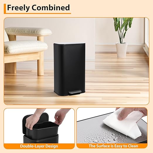 DYTesa 8 Gallon Black Stainless Steel Foot Pedal Trash Can | Rectangular Slim Design Saves Space | Soft-Close Lid & Removable Inner Bucket | Stylish Garbage Bin for Kitchen, Office, Living Room