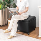 Adeco Modern Leather Ottoman with Wheels, 18.8" Black Square Rolling Ottoman with Storage, Upholstered Button Tufted Vanity Stool with Hinged Lid for Living Room, Bedroom, Dorm