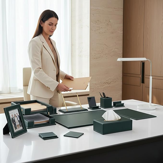 RitPin Desk Set, 11-Piece All-in-One – Executive Desk Accessories & Office Supplies, Leather Desk Organizer with Desk Pad & Blotter, 2-Tier Letter Tray, Luxury Office Desk Decor & Boss Gifts (Green)