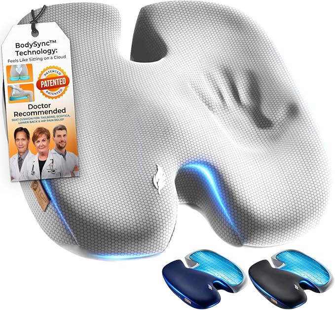 TOP COMFORT Seat Cushion, BodySync™ Technology with Non-Slip Gel & Memory Foam for Tailbone, Sciatica & Back Pain Relief, Office Chair Cushion, Car Seat Cushions for Driving (Light Grey)
