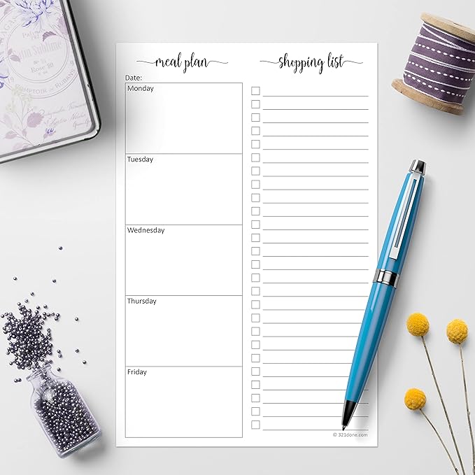 321Done Meal Planning Notepad, 5.5x8.5, Made in USA, M-F Weekly Menu Planner & Grocery List, Perforated Tear Off Checklist (50 Pages), Thick Paper, Simple Minimalist Design