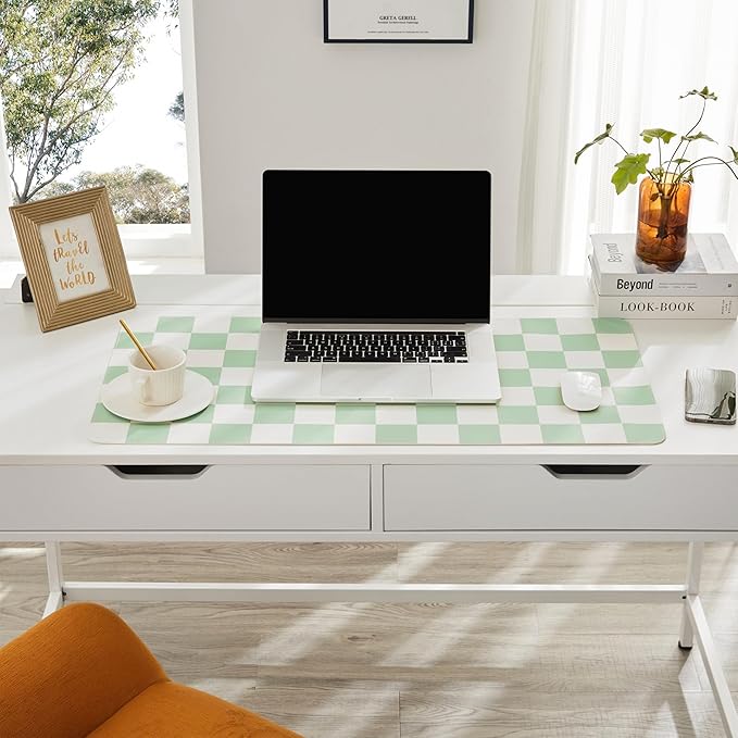 Ohocut Checkered Desk Mat, 31.5" x 15.7" Large Cute Sage Green Aesthetic Retro Accessories PU Leather Computer Laptop Desk Mat, Mouse Keyboard Pad, Desk Writing Makeup Mat for Vanity/Work/Home Decor