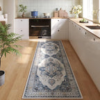 Rugcomf Vintage Medallion Kitchen Runner 2'x6' - Machine Washable Rug, Non-Slip Low Pile Boho Carpet for Hallways, Laundry, Bedroom, Bathroom - Blue